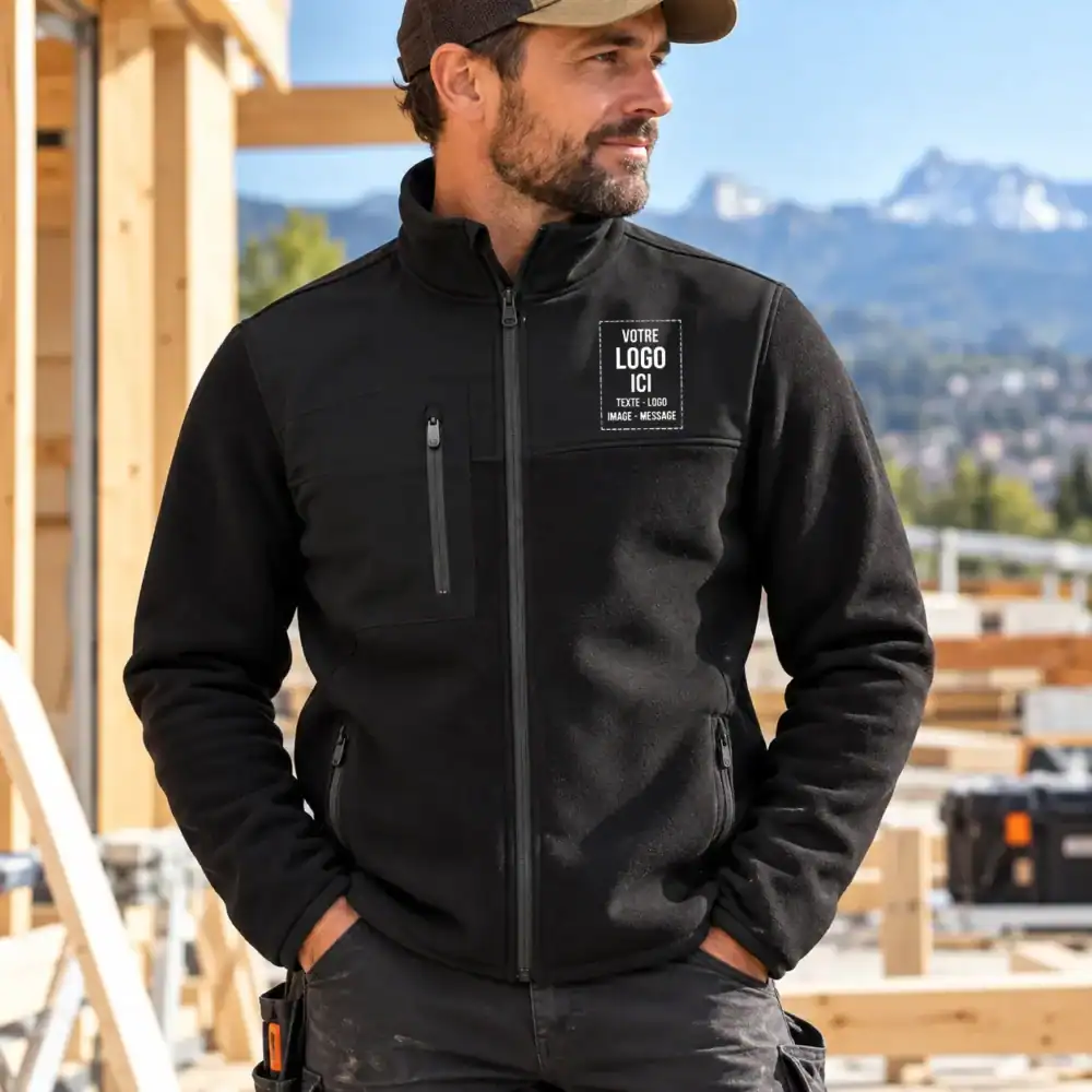 Homme portant une veste noire personnalisable sur chantier