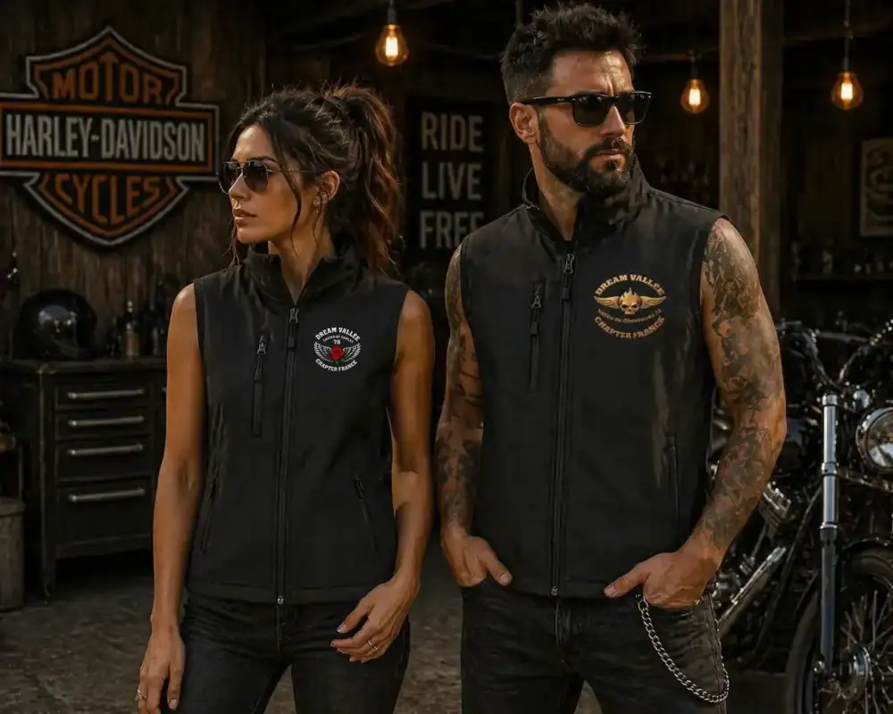 Homme et femme style biker portant gilet softshell sans manches Dream Vallée Chapter France en garage moto ambiance Harley
