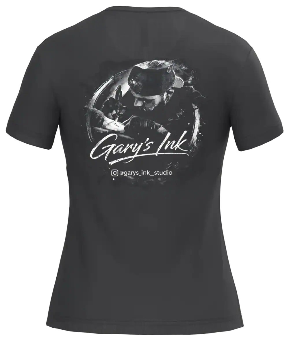 T shirt femme noir Gary’s Ink Studio visuel tatoueur dos impression premium Pilou Shop 64