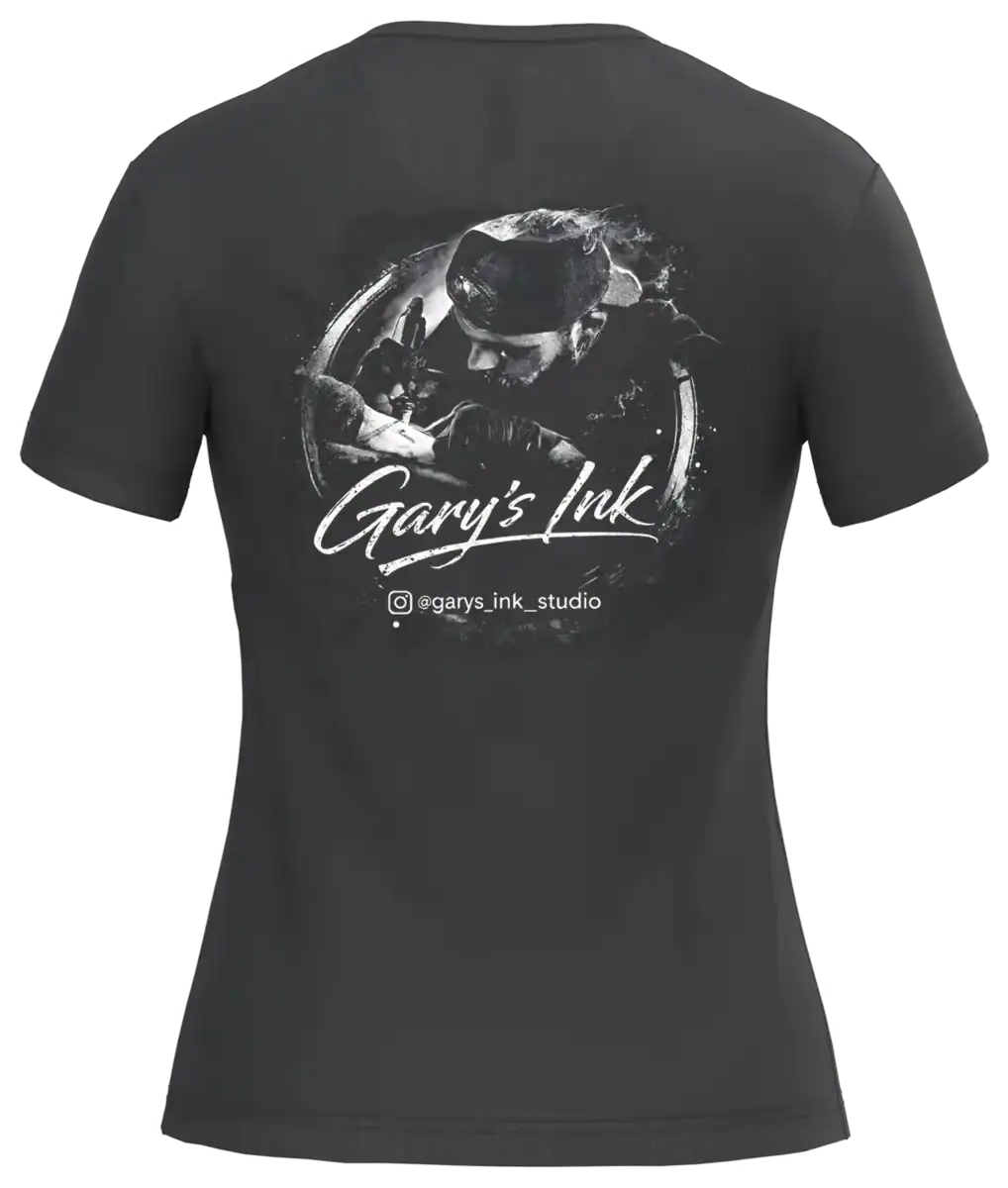 T shirt femme noir Gary’s Ink Studio visuel tatoueur dos impression premium Pilou Shop 64