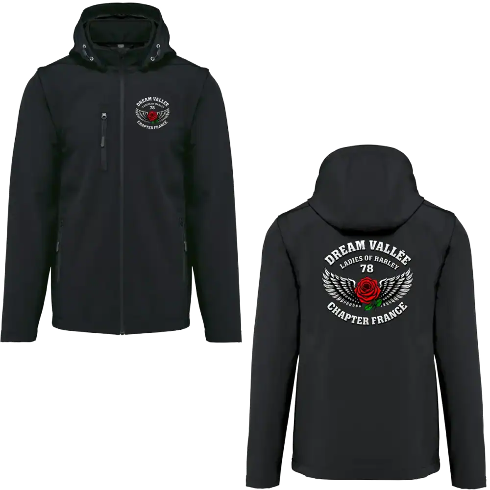 Softshell noire Dream Vallée Chapter France femme style biker avec vue face et dos en garage moto