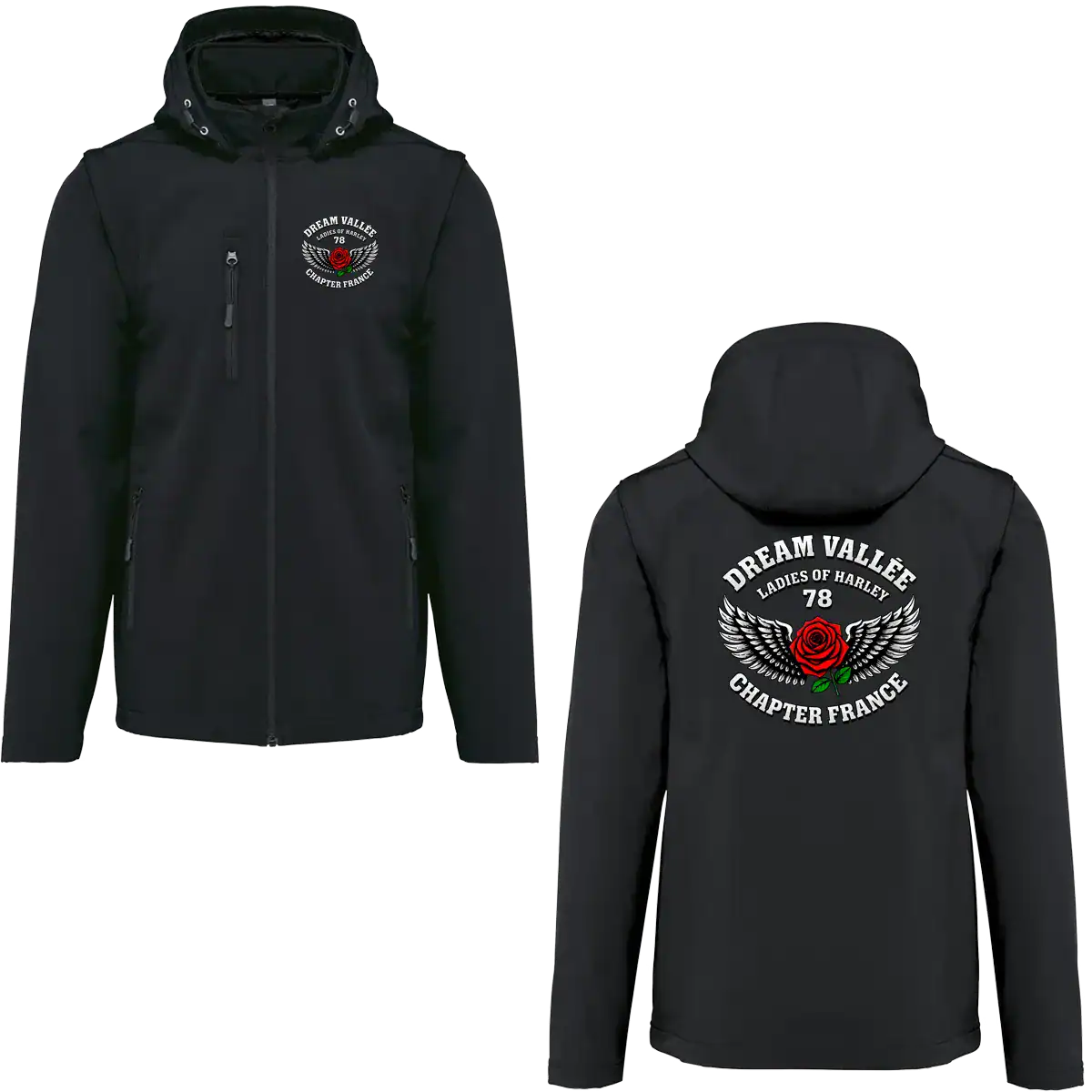 Softshell noire Dream Vallée Chapter France femme style biker avec vue face et dos en garage moto