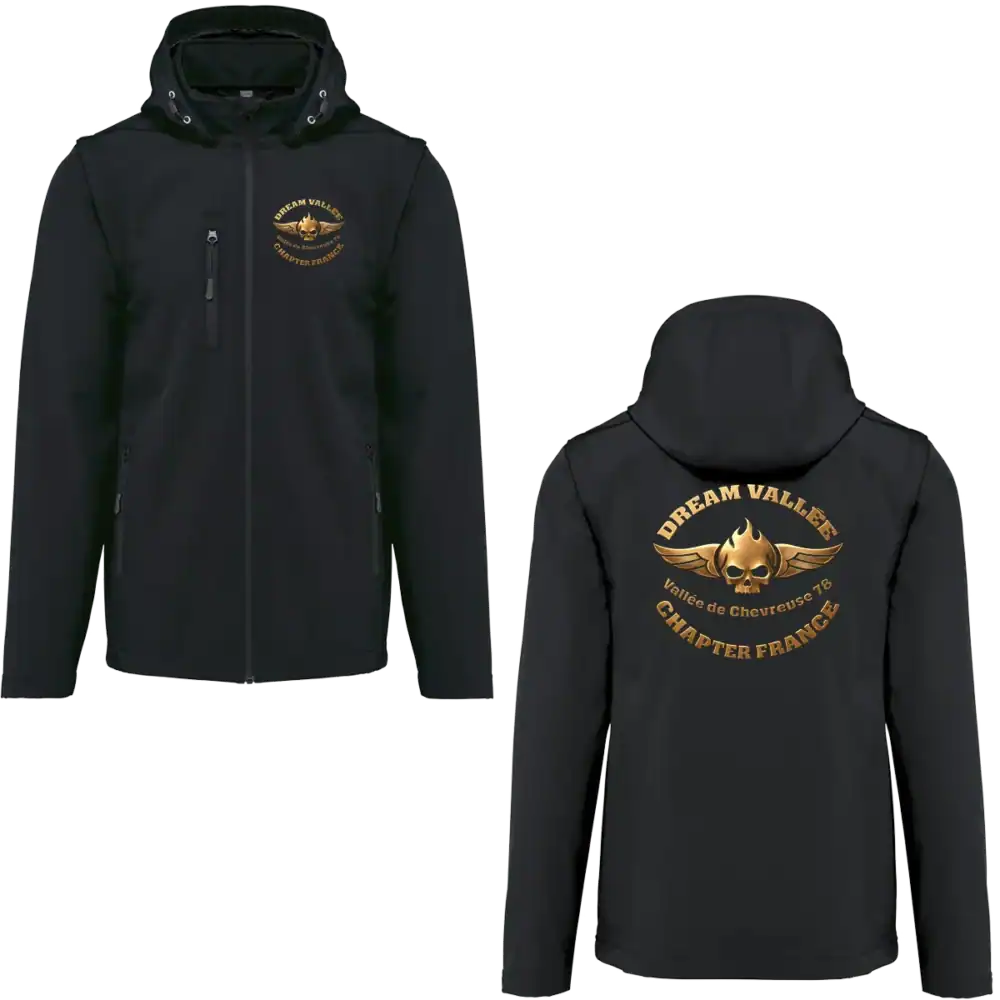 Softshell noire Dream Vallée Chapter France homme style biker avec vue face et dos en garage moto