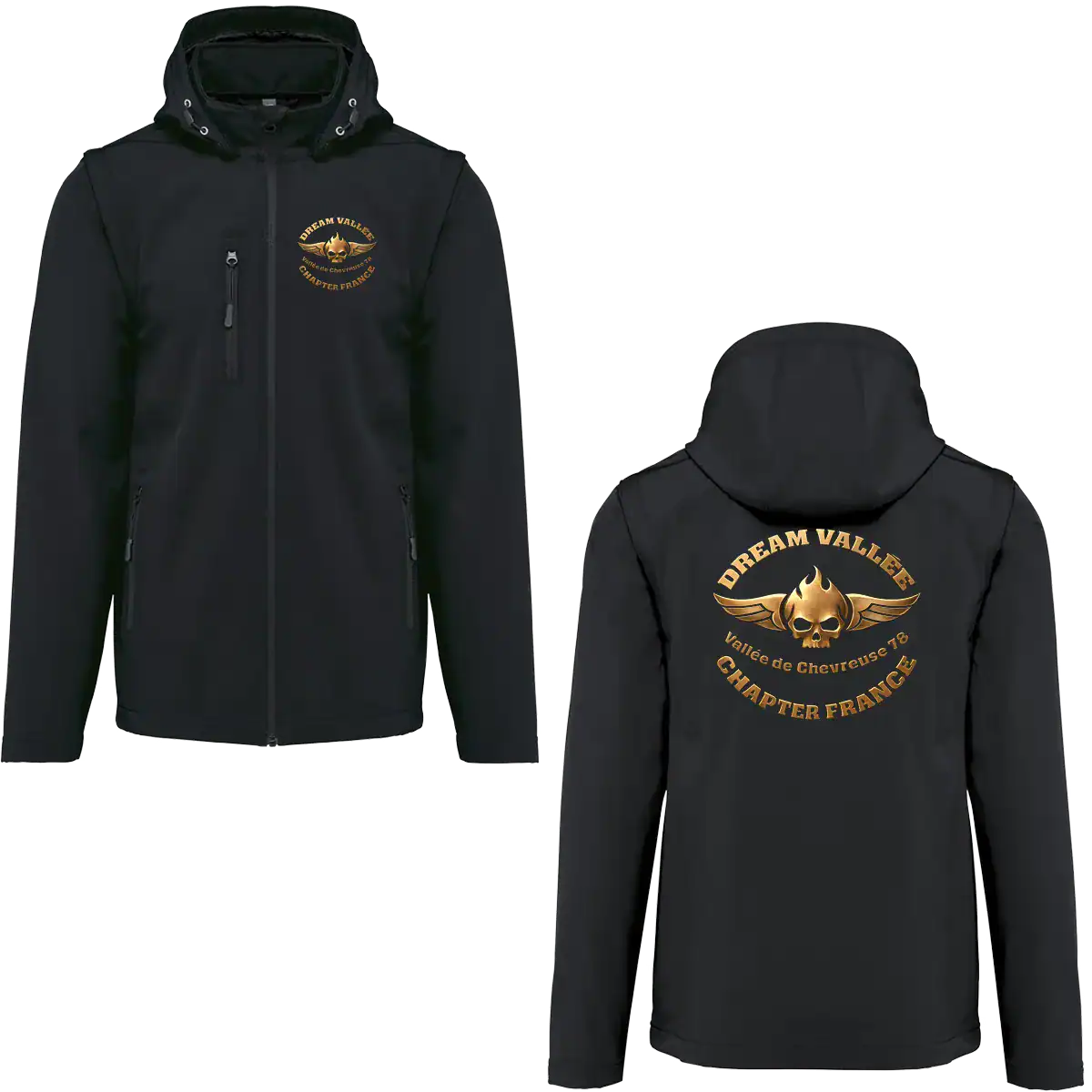 Softshell noire Dream Vallée Chapter France homme style biker avec vue face et dos en garage moto