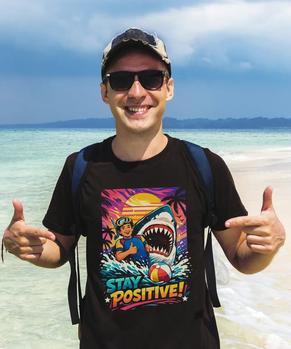 HOMME POSITIF QUI PORTE UN t shirt noir stay positive illustration requin humour impression dtf premium