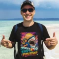 HOMME POSITIF QUI PORTE UN t shirt noir stay positive illustration requin humour impression dtf premium