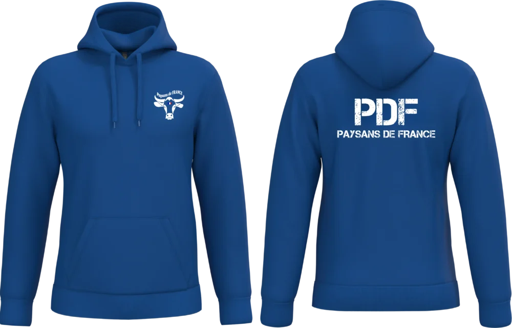 Sweat à capuche BLEU Paysans de France PDF impression blanche avant et dos