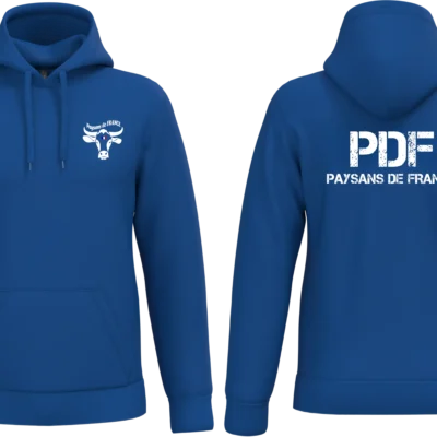 Sweat à capuche BLEU Paysans de France PDF impression blanche avant et dos