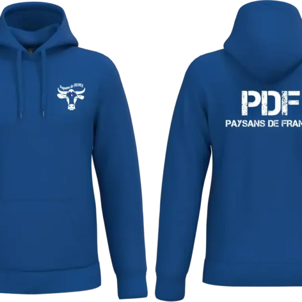 Sweat à capuche BLEU Paysans de France PDF impression blanche avant et dos