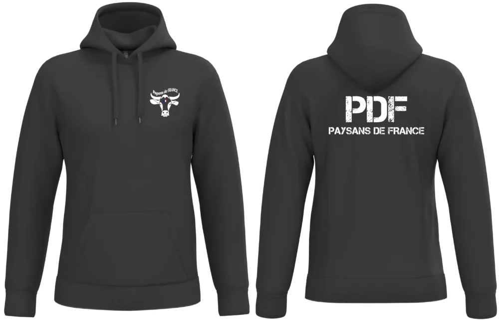 Sweat à capuche NOIR Paysans de France PDF impression blanche avant et dos