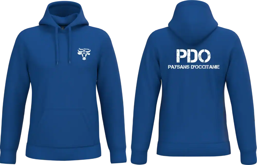 Sweat à capuche bleu PDO Paysans d’Occitanie marquage cœur et dos