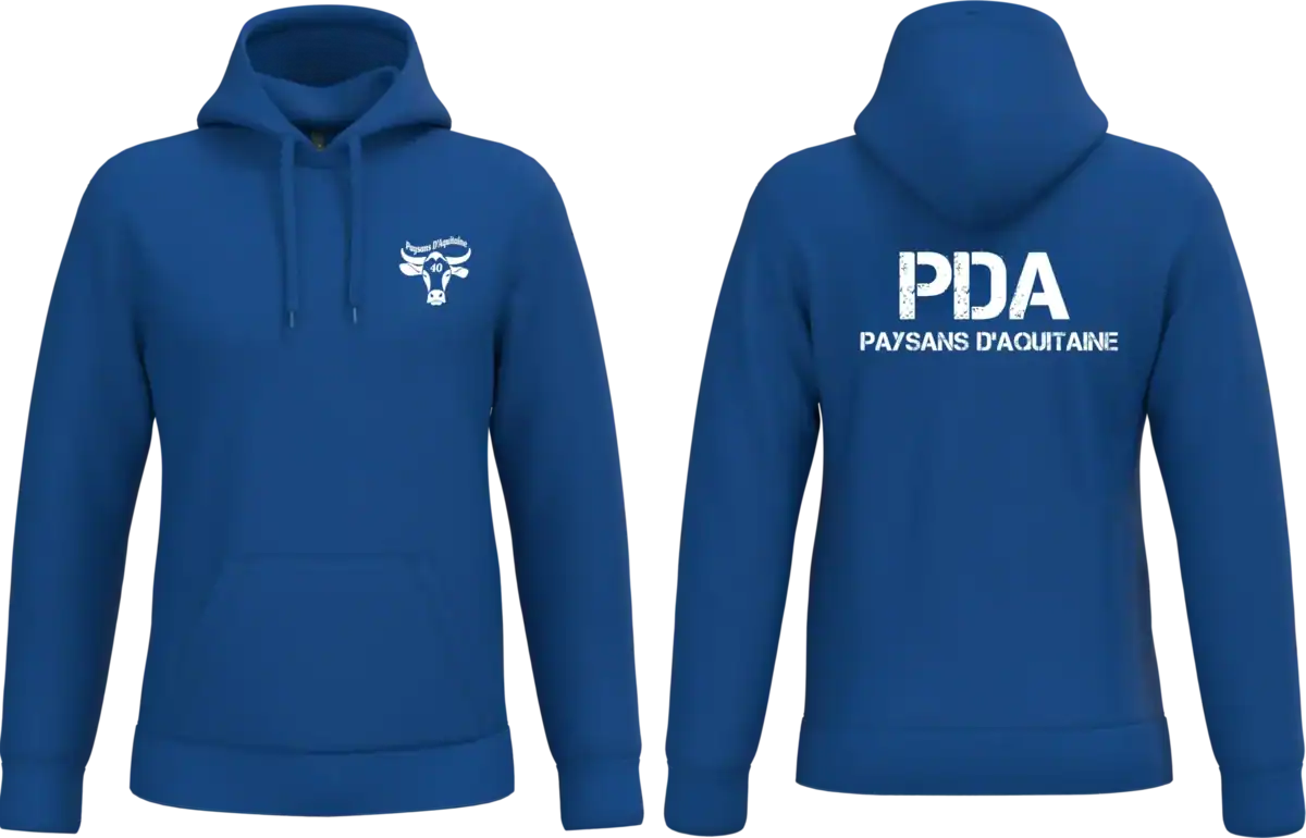 Sweat a capuche PDA Paysans d Aquitaine 40 BLEU marquage coeur et dos