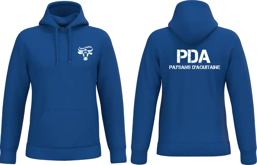 Sweat bleu à capuche PDA Paysans d’Aquitaine 64 avec marquage blanc logo cœur et dos