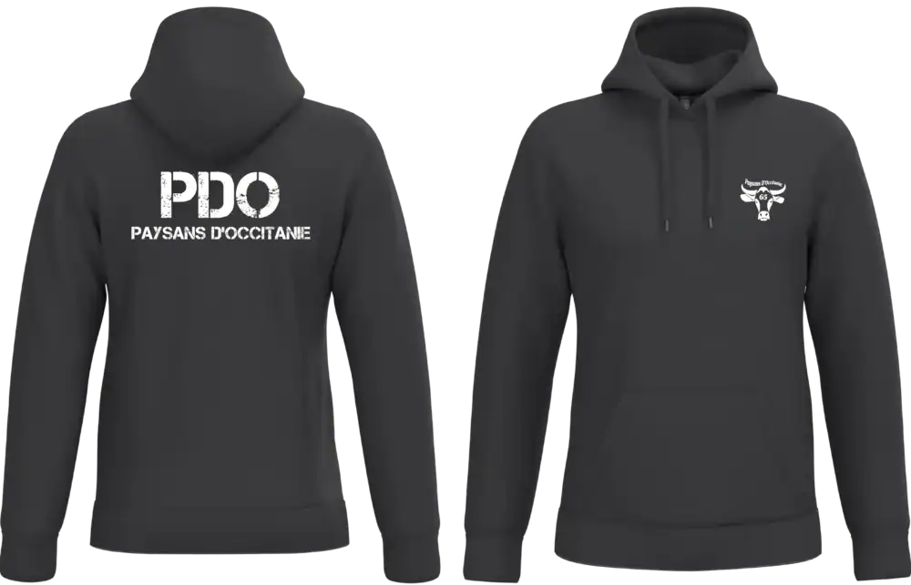 Sweat à capuche noir PDO Paysans d’Occitanie marquage cœur et dos