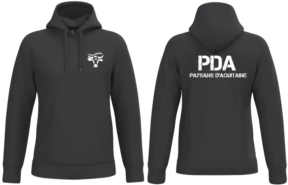 Sweat a capuche PDA Paysans d Aquitaine 40 noir marquage coeur et dos