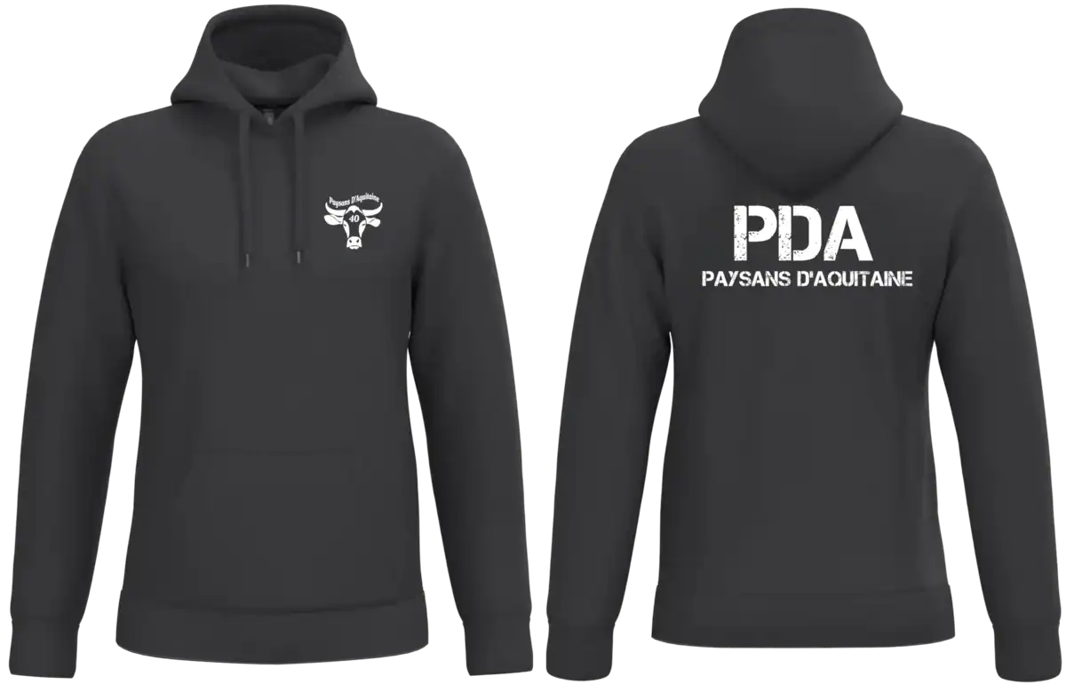 Sweat a capuche PDA Paysans d Aquitaine 40 noir marquage coeur et dos