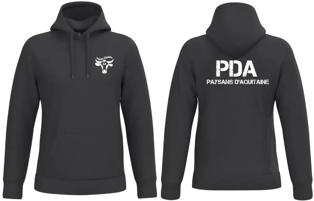 Sweat noir à capuche PDA Paysans d’Aquitaine 64 avec marquage blanc logo cœur et dos