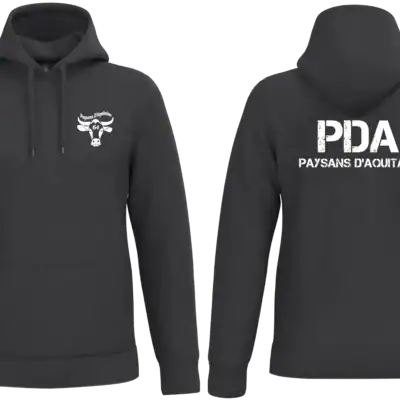 Sweat noir à capuche PDA Paysans d’Aquitaine 64 avec marquage blanc logo cœur et dos