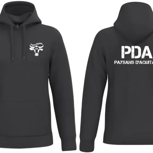 Sweat noir à capuche PDA Paysans d’Aquitaine 64 avec marquage blanc logo cœur et dos