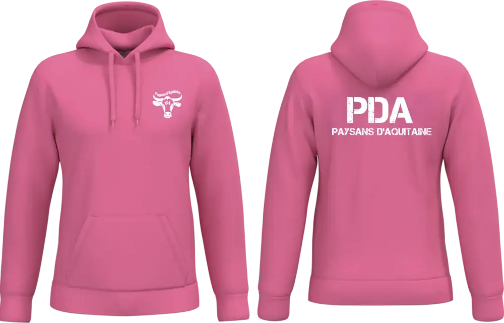 Sweat rose à capuche PDA Paysans d’Aquitaine 64 avec marquage blanc logo cœur et dos