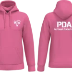 Sweat rose à capuche PDA Paysans d’Aquitaine 64 avec marquage blanc logo cœur et dos