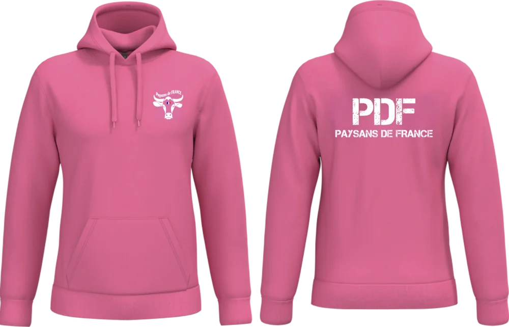 Sweat à capuche ROSE Paysans de France PDF impression blanche avant et dos
