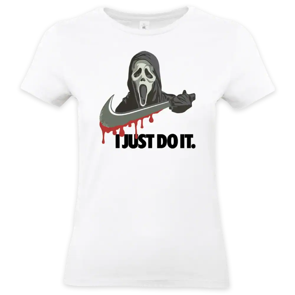 T-shirt blanc COUPE FEMME humour noir avec illustration style cinéma d’horreur et slogan détourné imprimé en DTF haute qualité – Pilou Shop 64 Pau