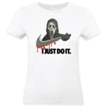 T-shirt blanc COUPE FEMME humour noir avec illustration style cinéma d’horreur et slogan détourné imprimé en DTF haute qualité – Pilou Shop 64 Pau