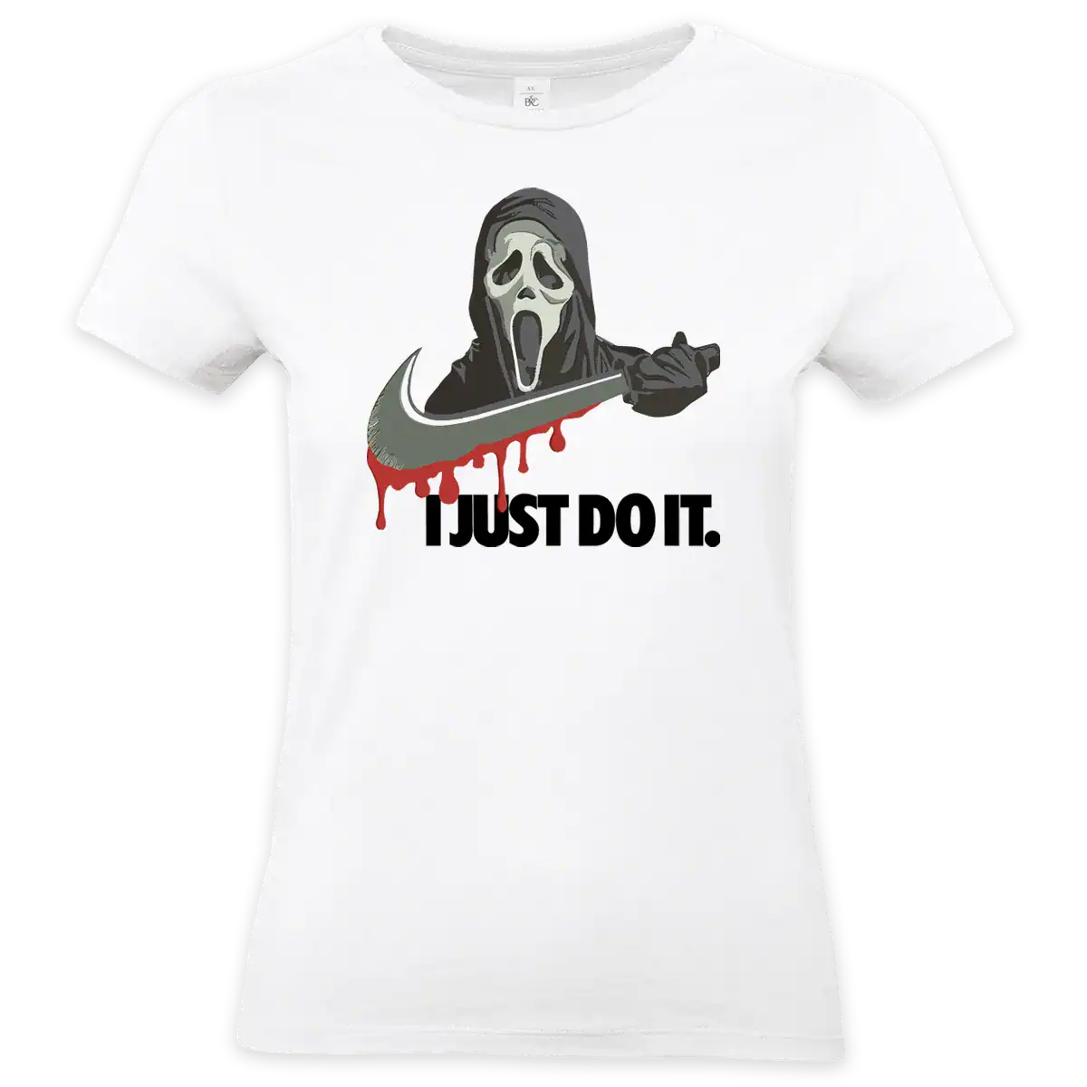 T-shirt blanc COUPE FEMME humour noir avec illustration style cinéma d’horreur et slogan détourné imprimé en DTF haute qualité – Pilou Shop 64 Pau
