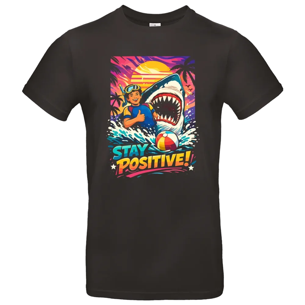 t shirt homme noir stay positive illustration requin humour impression dtf premium