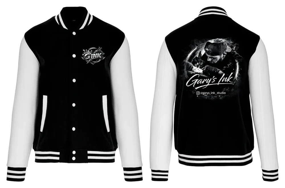 Veste teddy noir et blanc Gary’s Ink Studio logo GINK edition officielle dos signature