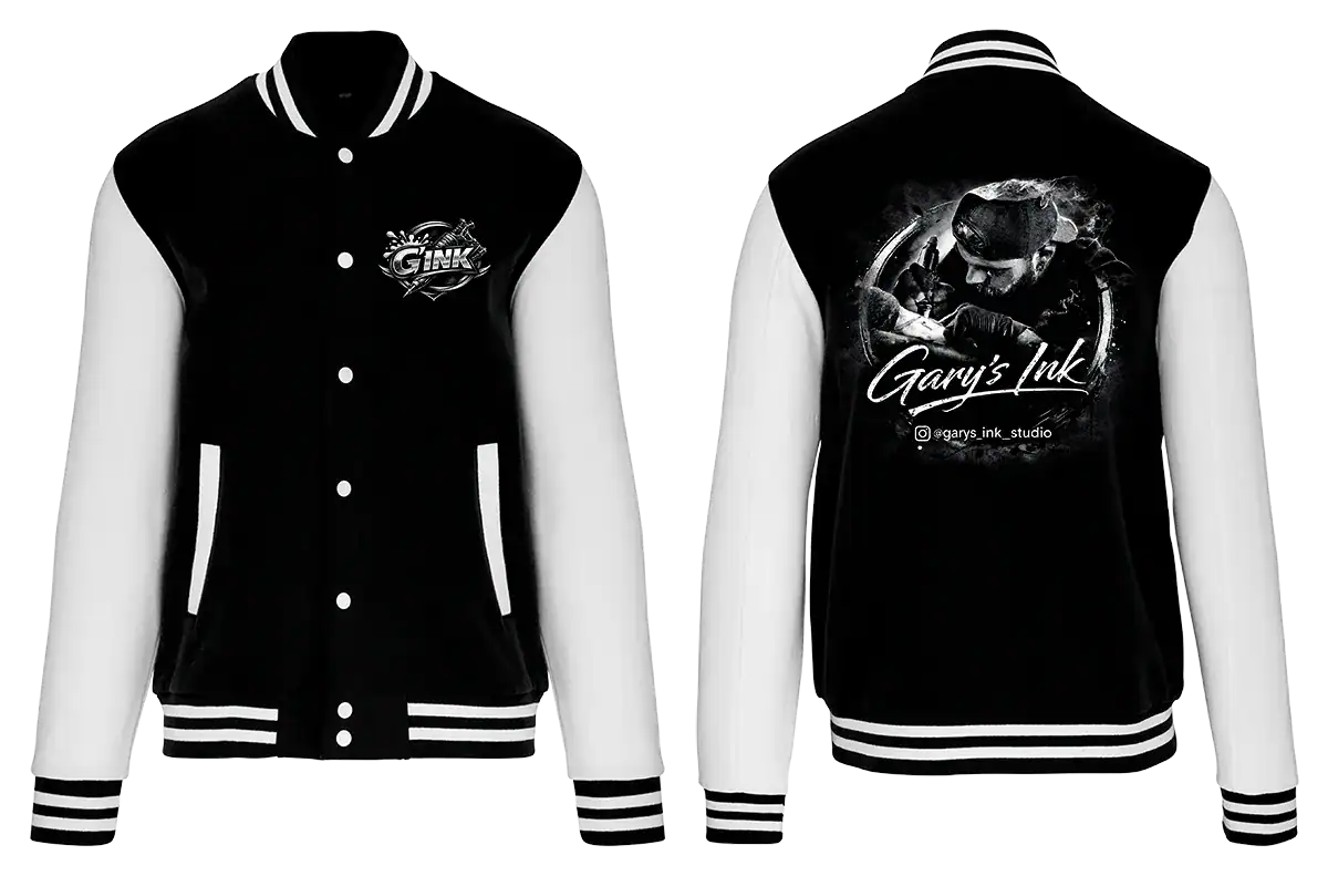 Veste teddy noir et blanc Gary’s Ink Studio logo GINK edition officielle dos signature