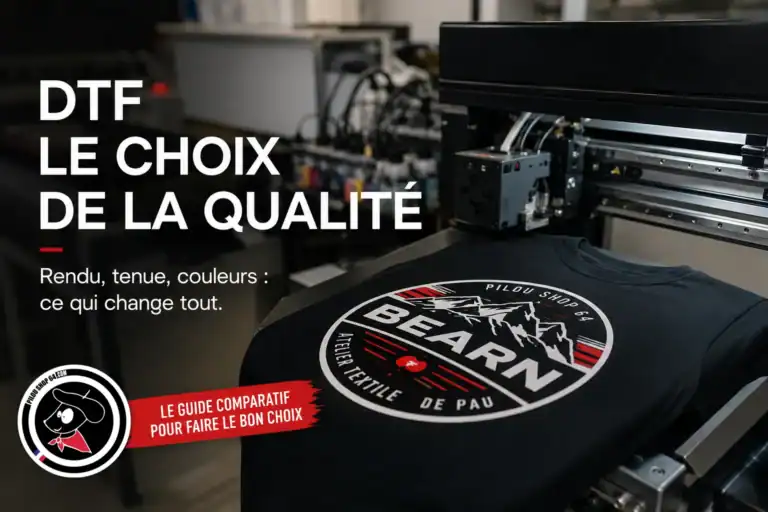 Machine DTF Pilou Shop 64 imprimant un t-shirt personnalisé premium dans l’atelier textile de Pau