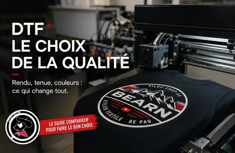 Machine DTF Pilou Shop 64 imprimant un t-shirt personnalisé premium dans l’atelier textile de Pau