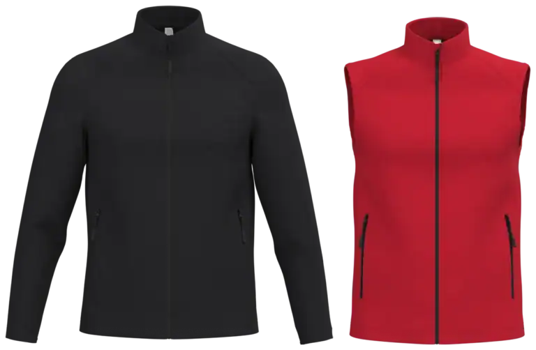 Softshell personnalisable noir manches longues et rouge sans manches avec fermeture zippée noire – veste professionnelle personnalisée Pilou Shop 64