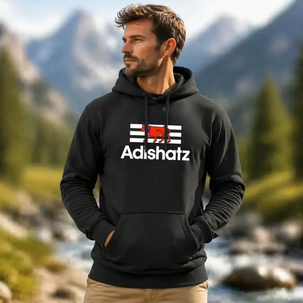 Sweat à capuche gris Adishatz porté par une femme en extérieur montagne avec lac et arrière-plan flou, style outdoor premium, focus sur le visuel