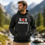 Sweat à capuche gris Adishatz porté par une femme en extérieur montagne avec lac et arrière-plan flou, style outdoor premium, focus sur le visuel