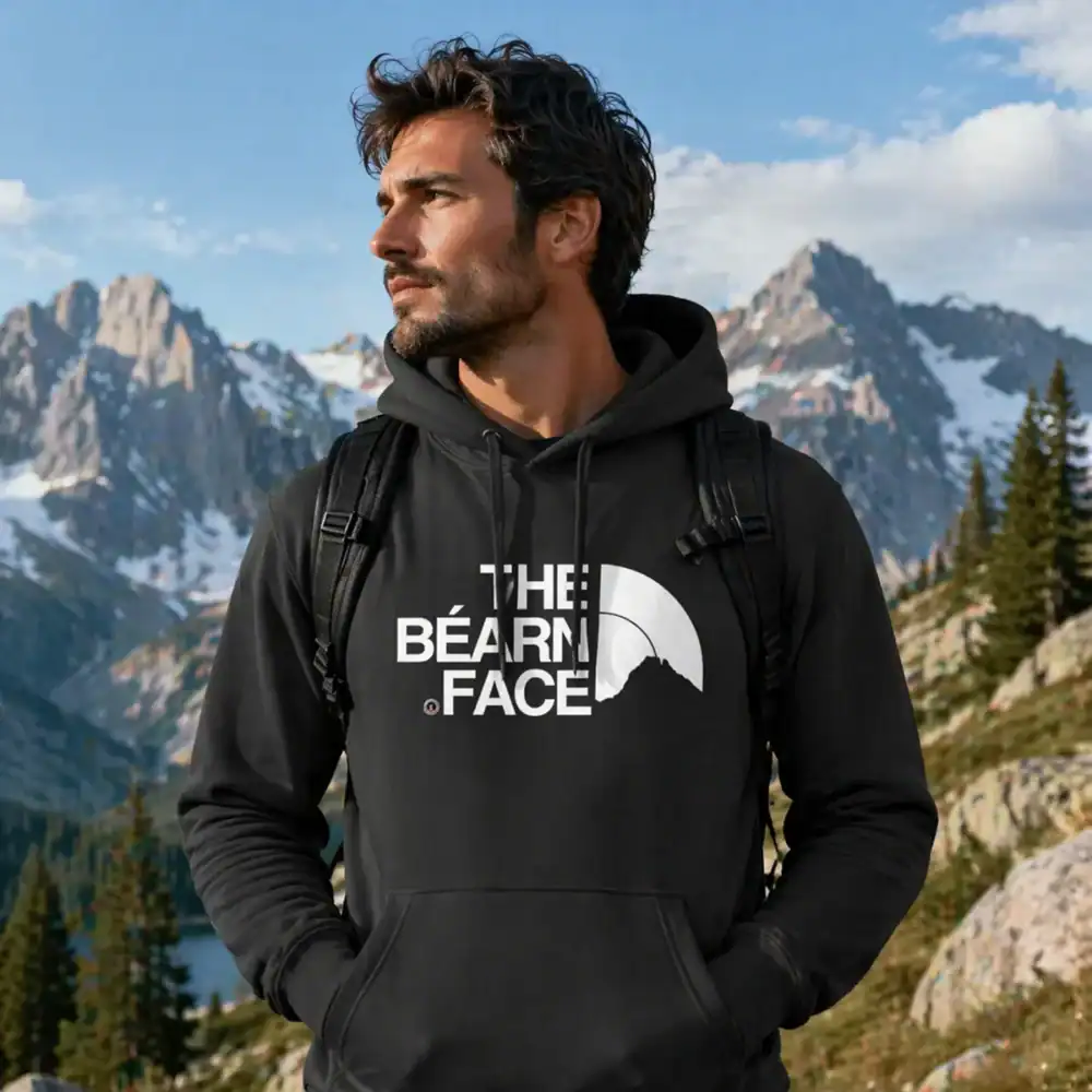 Sweat à capuche noir homme The Béarn Face porté en extérieur montagne avec paysage alpin et sac à dos Pilou Shop 64