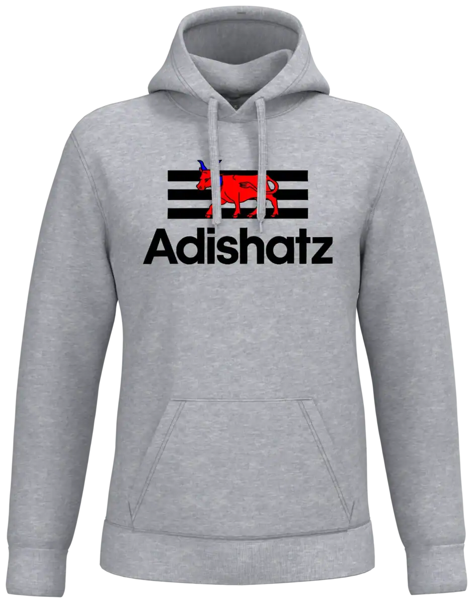Sweat à capuche Adishatz gris avec vache béarnaise rouge impression DTF premium Pilou Shop 64
