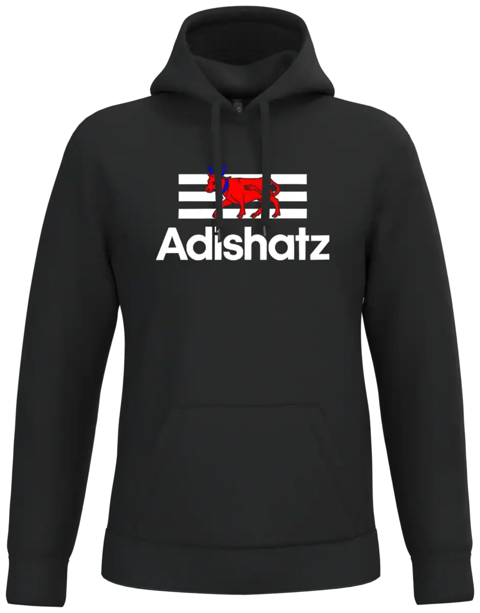 Sweat à capuche Adishatz noir avec vache béarnaise rouge impression DTF premium Pilou Shop 64