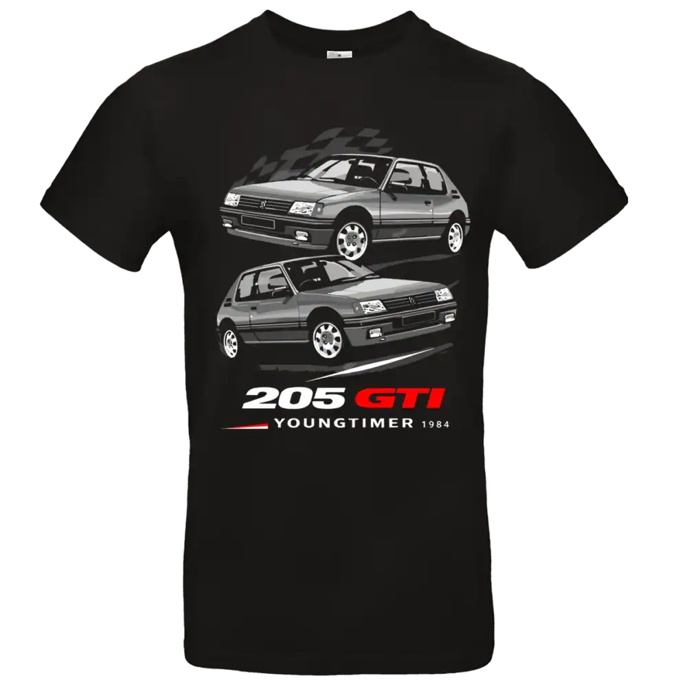 t shirt homme noir 205 gti youngtimer 1984 design voiture ancienne peugeot illustration double vue