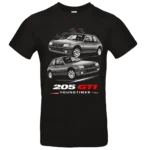t shirt homme noir 205 gti youngtimer 1984 design voiture ancienne peugeot illustration double vue