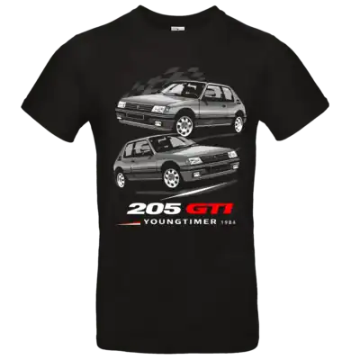 t shirt homme noir 205 gti youngtimer 1984 design voiture ancienne peugeot illustration double vue