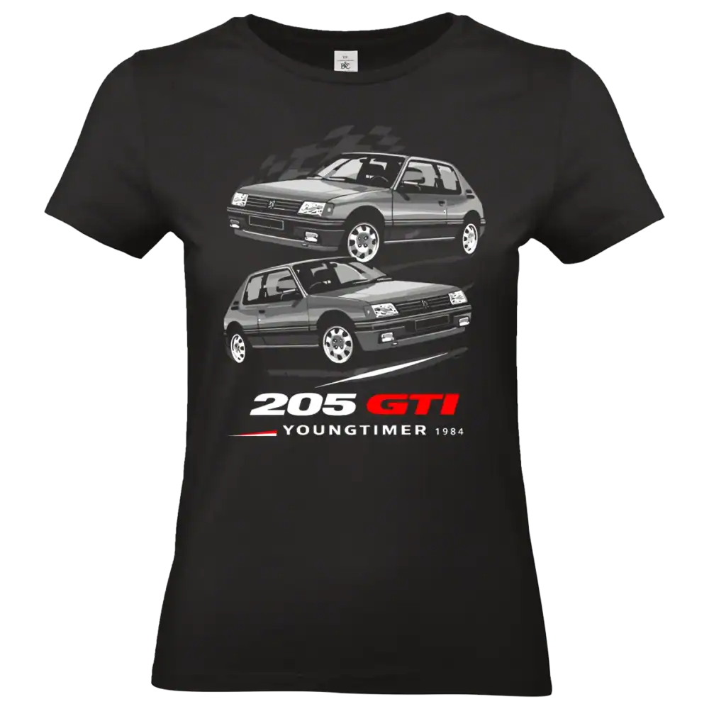 t shirt pour femme noir 205 gti youngtimer 1984 design voiture ancienne peugeot illustration double vue