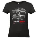 t shirt pour femme noir 205 gti youngtimer 1984 design voiture ancienne peugeot illustration double vue