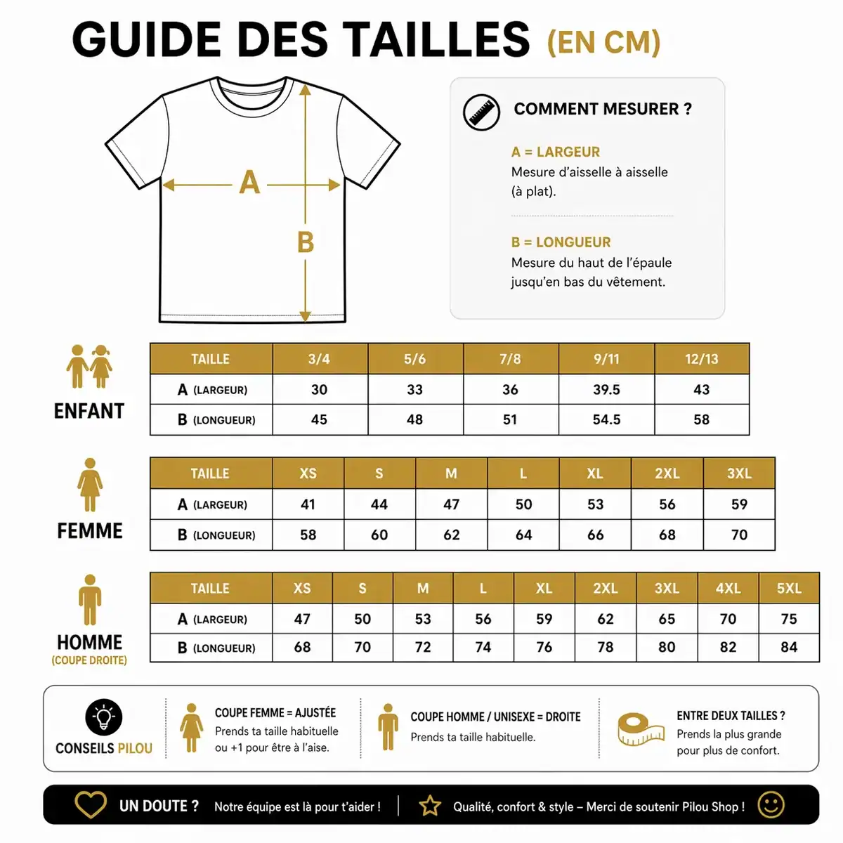 Guide des tailles t-shirt homme femme enfant Pilou Shop 64 en cm