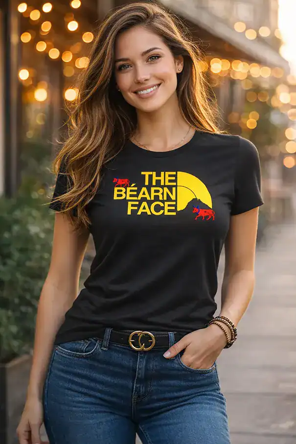 t shirt femme noir the bearn face jaune porté homme femme design bearn 64 montagne vaches impression dtf pilou shop pau