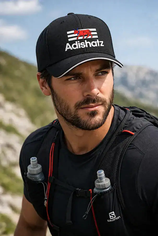 homme portant une casquette noire Adishatz avec visuel béarnais et homme sportif en montagne portant la même casquette Pilou Shop 64