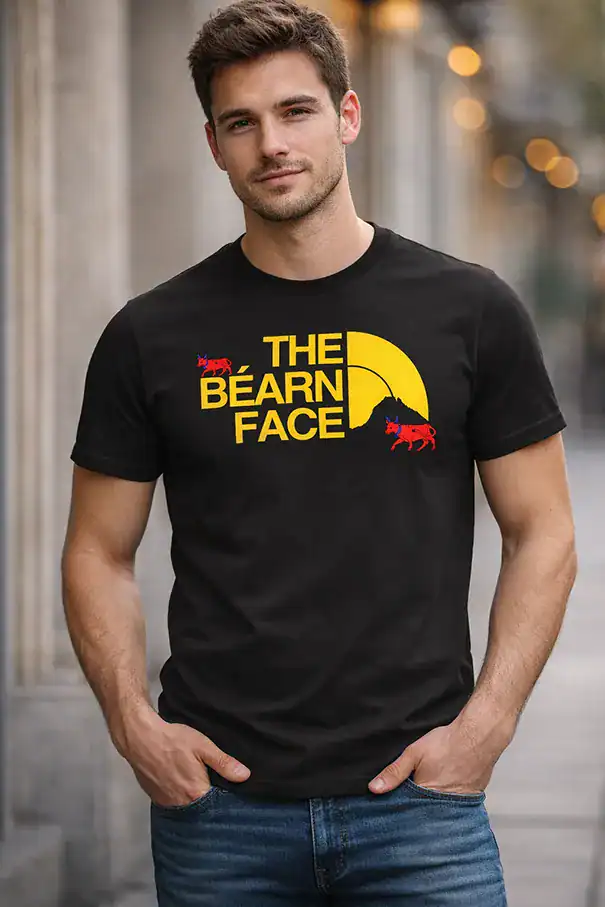 t shirt homme noir the bearn face jaune porté homme femme design bearn 64 montagne vaches impression dtf pilou shop pau