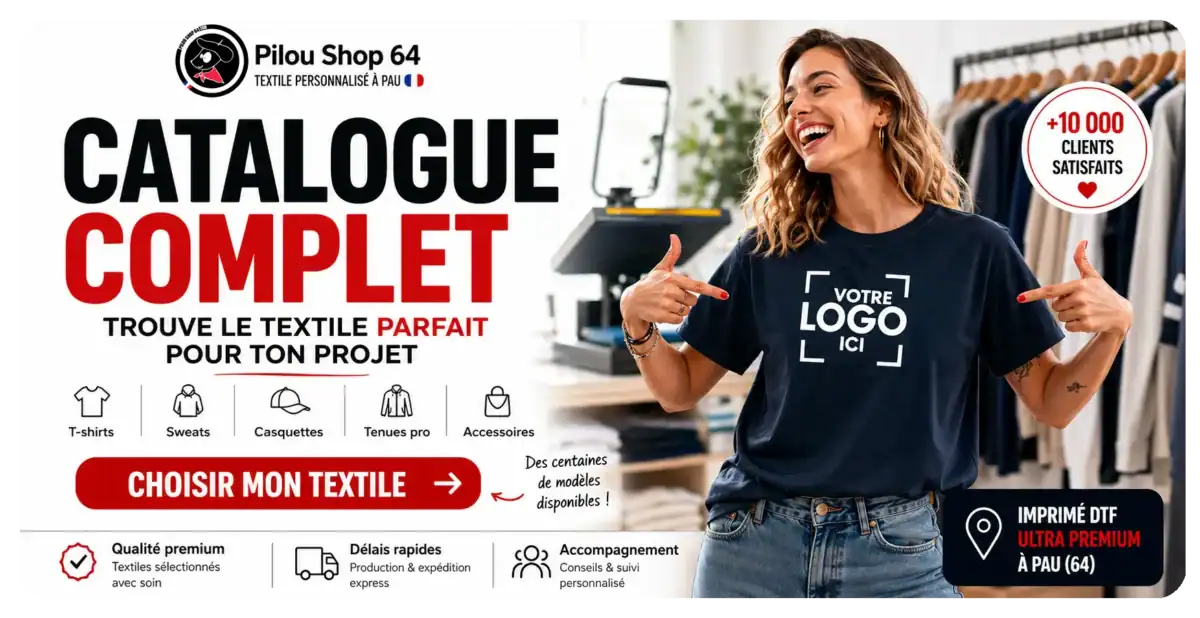 Catalogue textile personnalisé Pilou Shop 64 avec modèle femme portant un t-shirt imprimé DTF, CTA choisir mon textile et mention imprimé DTF ultra premium à Pau 64